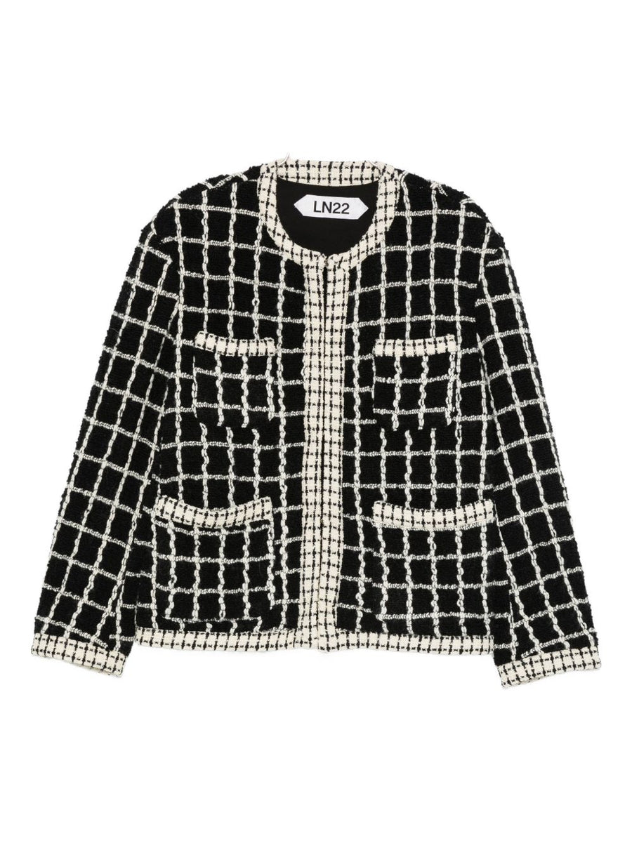 LN22 Wool Jacket For Women Versatile Fall Winter Outerwear With Front Pockets Black Check Polished Silhouette