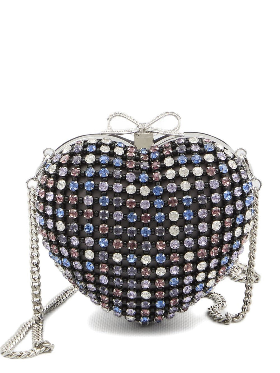 Self-Portrait Crystal Heart Clutch For Women, Multicolor Crystals, Detachable Chain, Evening Luxe