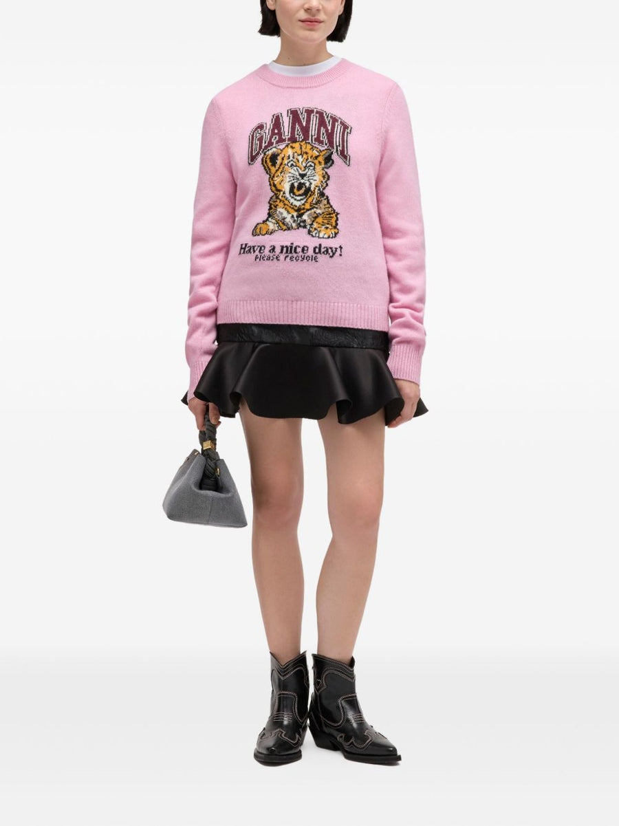 Ganni Wool Crewneck Sweater Light Pink With Graphic Print For Women Quiet Luxury Knit