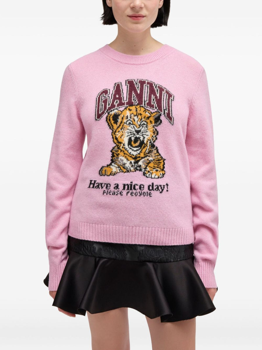 Ganni Wool Crewneck Sweater Light Pink With Graphic Print For Women Quiet Luxury Knit