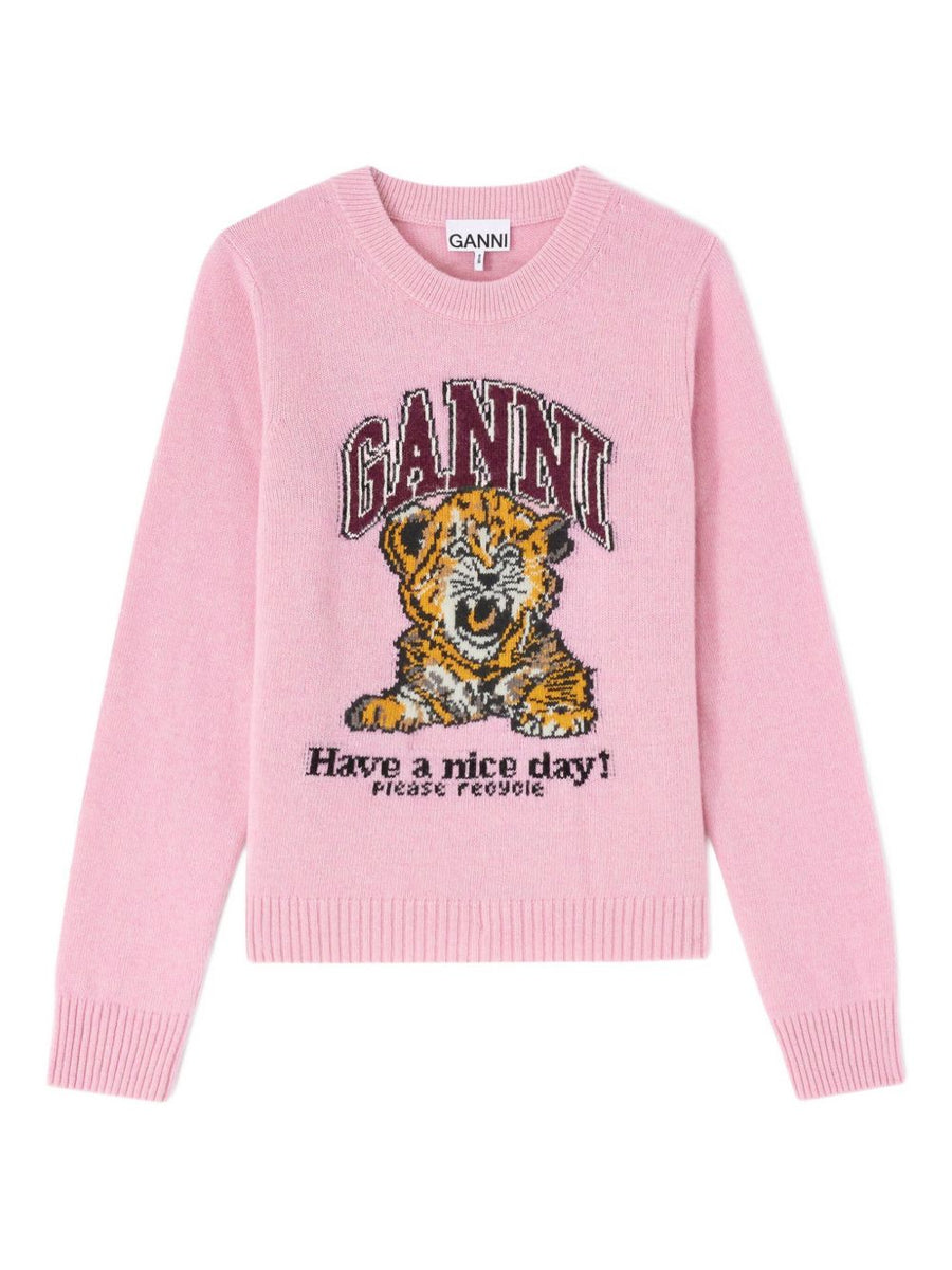 Ganni Wool Crewneck Sweater Light Pink With Graphic Print For Women Quiet Luxury Knit