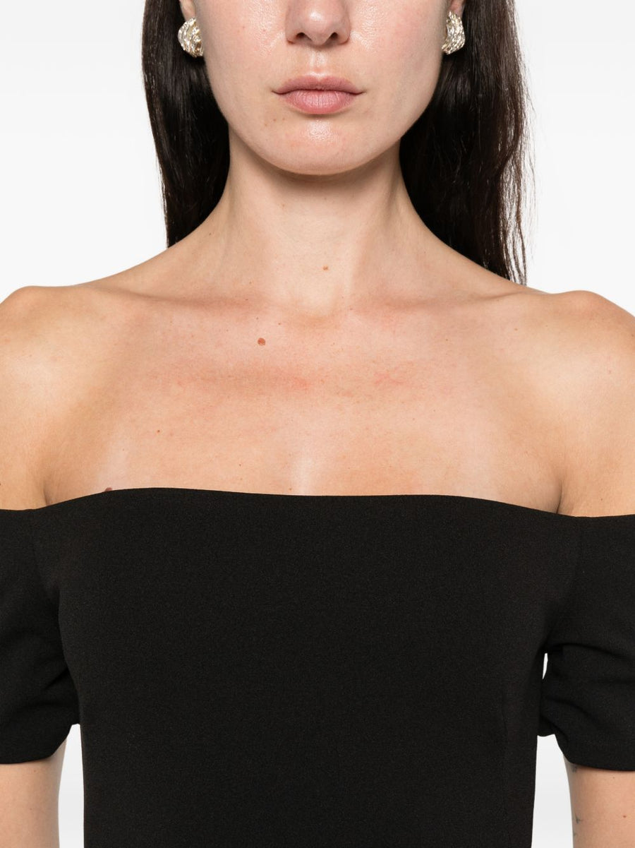 Solace London Nile Maxi Dress Off Shoulder Black With Fluid Draped Silhouette For Women Event Ready Evening Wear