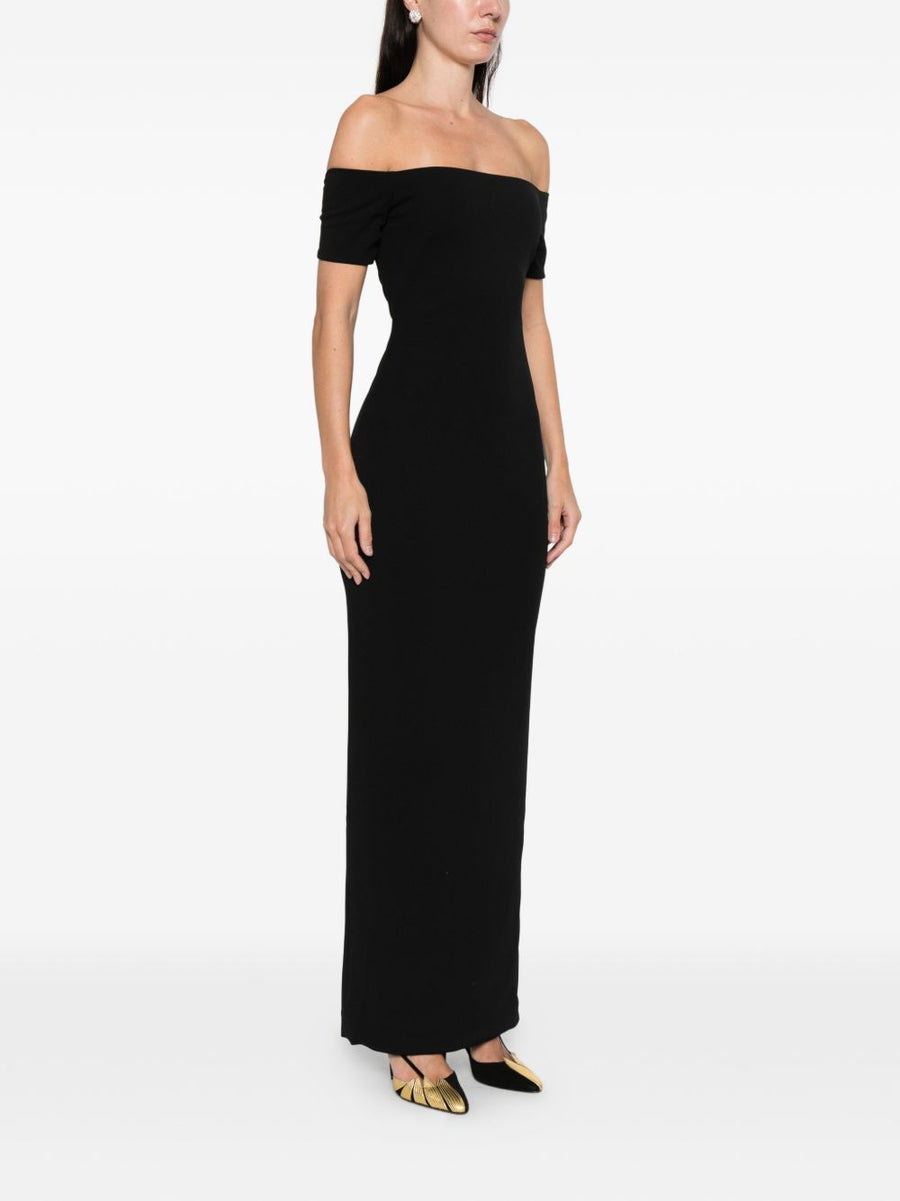 Solace London Nile Maxi Dress Off Shoulder Black With Fluid Draped Silhouette For Women Event Ready Evening Wear