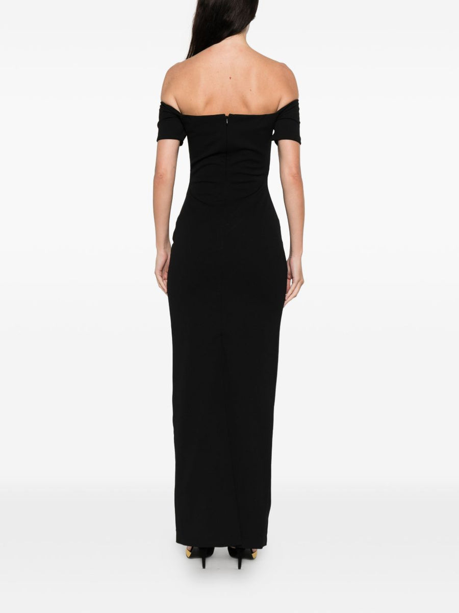 Solace London Nile Maxi Dress Off Shoulder Black With Fluid Draped Silhouette For Women Event Ready Evening Wear