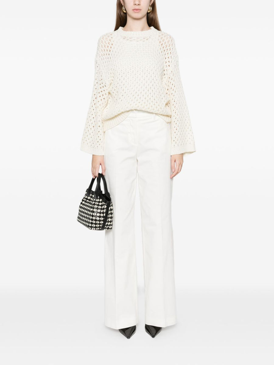 Fabiana Filippi Wool Blend Sweater For Women Beige Breathable Open Knit Round Neck Luxury Knitwear