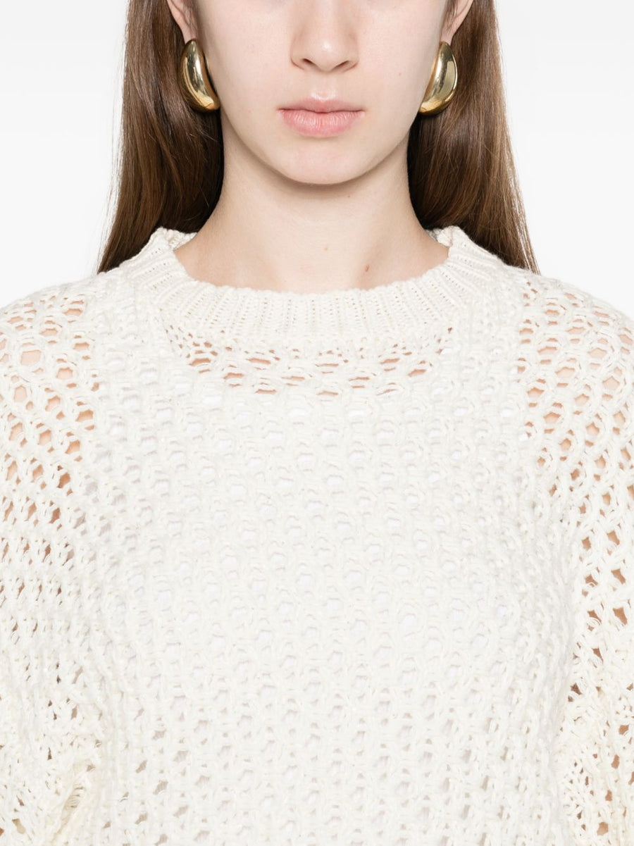 Fabiana Filippi Wool Blend Sweater For Women Beige Breathable Open Knit Round Neck Luxury Knitwear