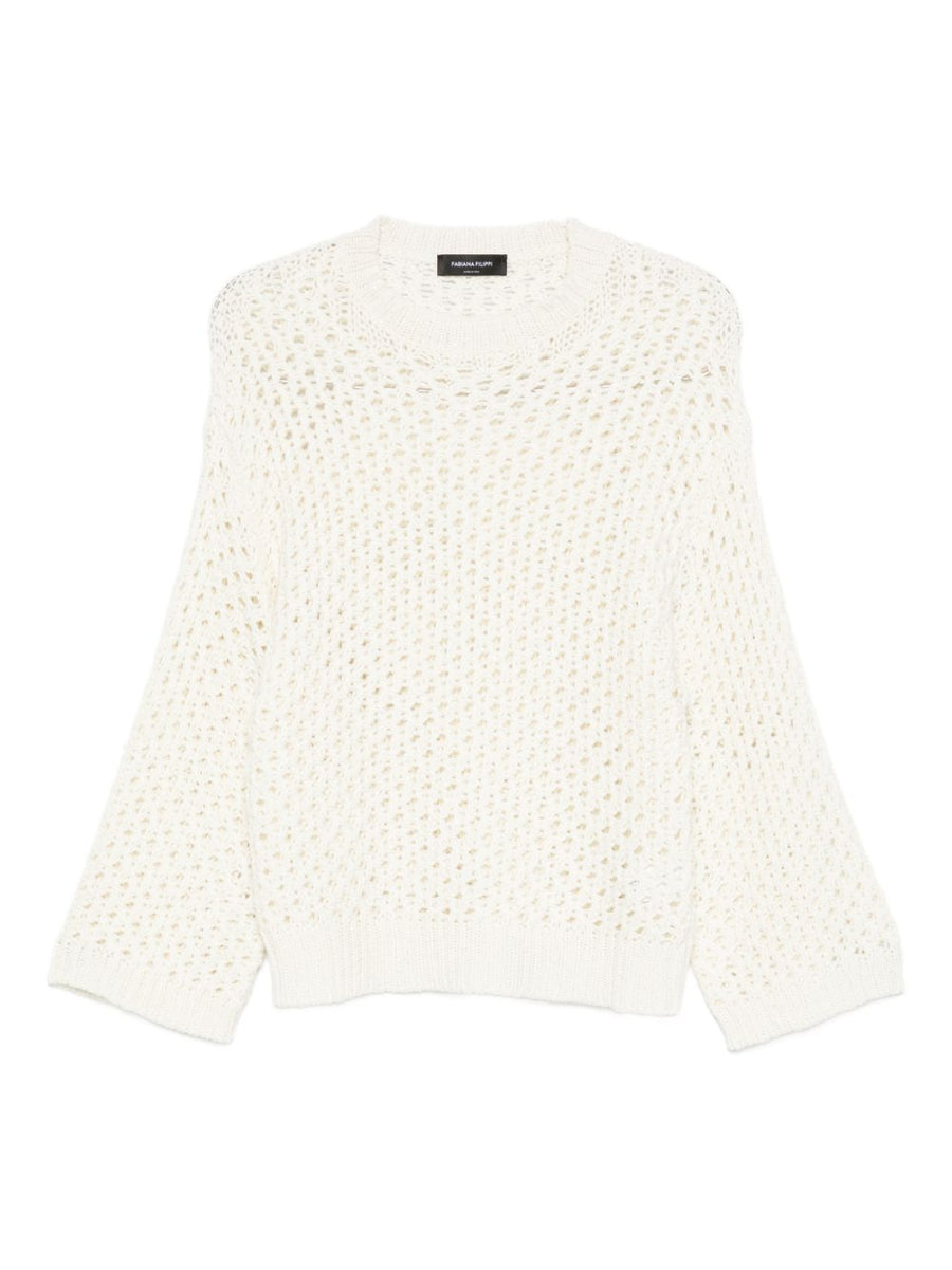 Fabiana Filippi Wool Blend Sweater For Women Beige Breathable Open Knit Round Neck Luxury Knitwear