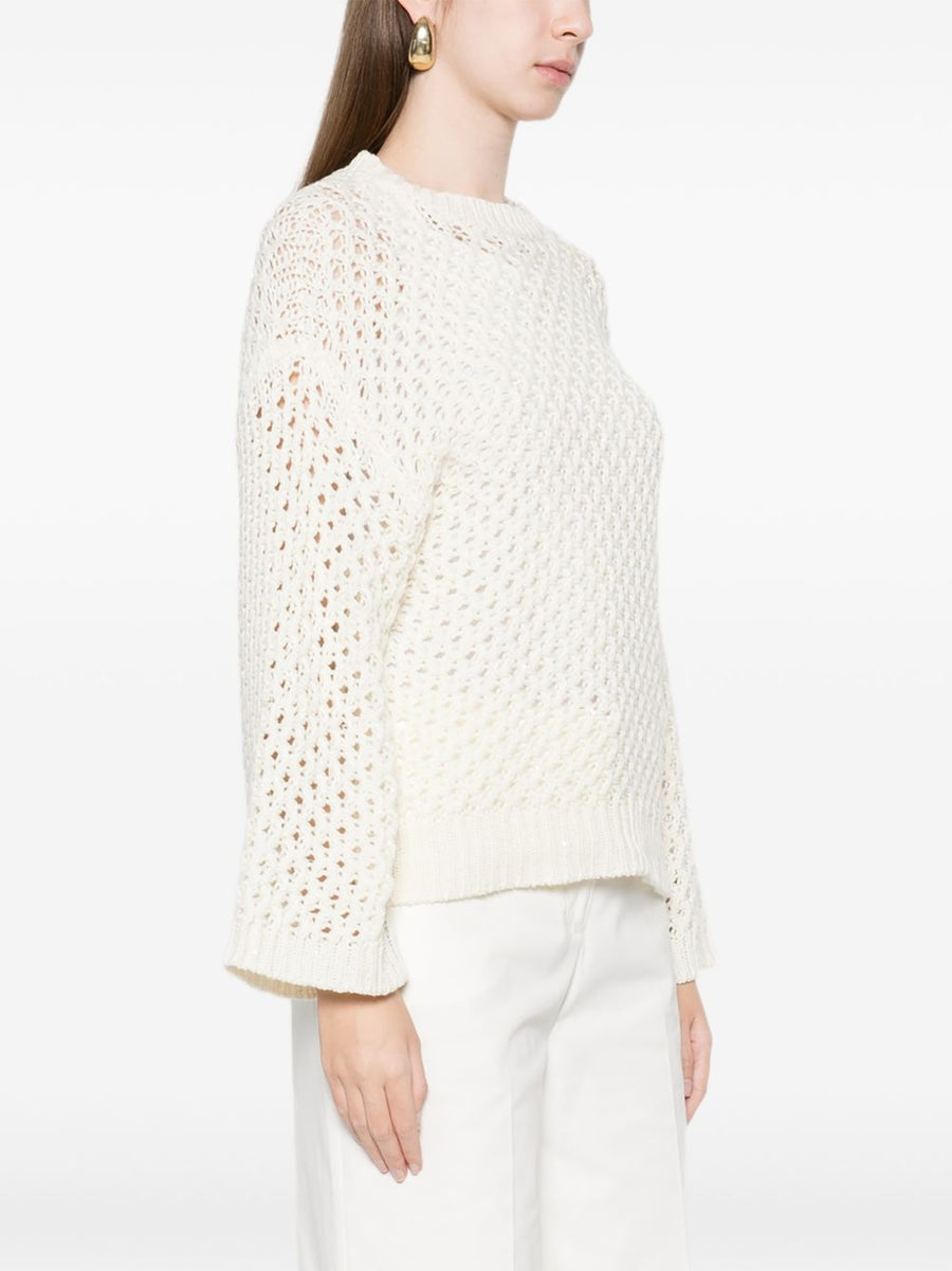 Fabiana Filippi Wool Blend Sweater For Women Beige Breathable Open Knit Round Neck Luxury Knitwear
