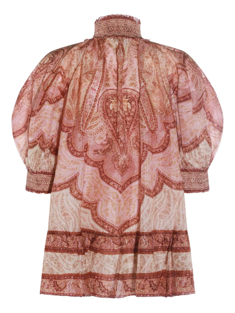 Zimmermann Wanderlust Silk Blouse For Women Elegant Burgundy Paisley Print With Smocked High Neck