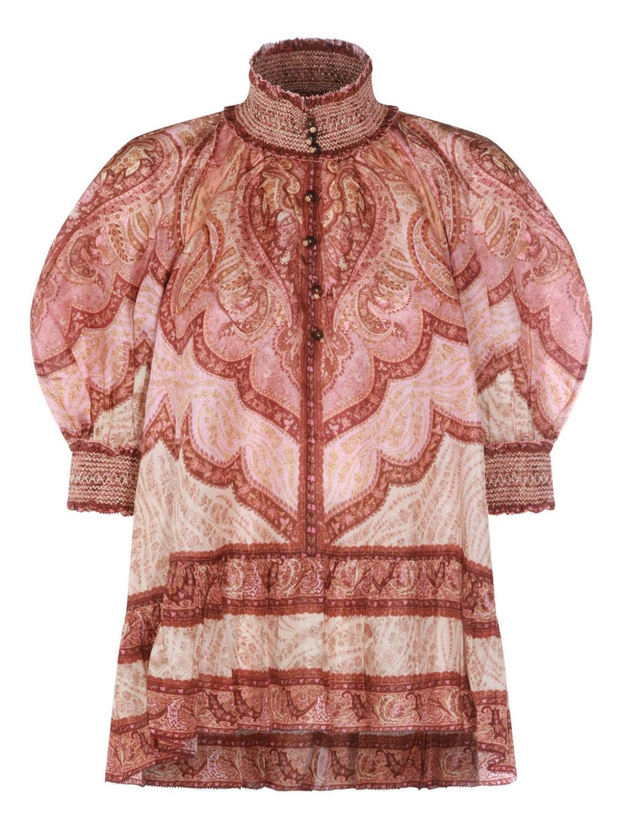 Zimmermann Wanderlust Silk Blouse For Women Elegant Burgundy Paisley Print With Smocked High Neck