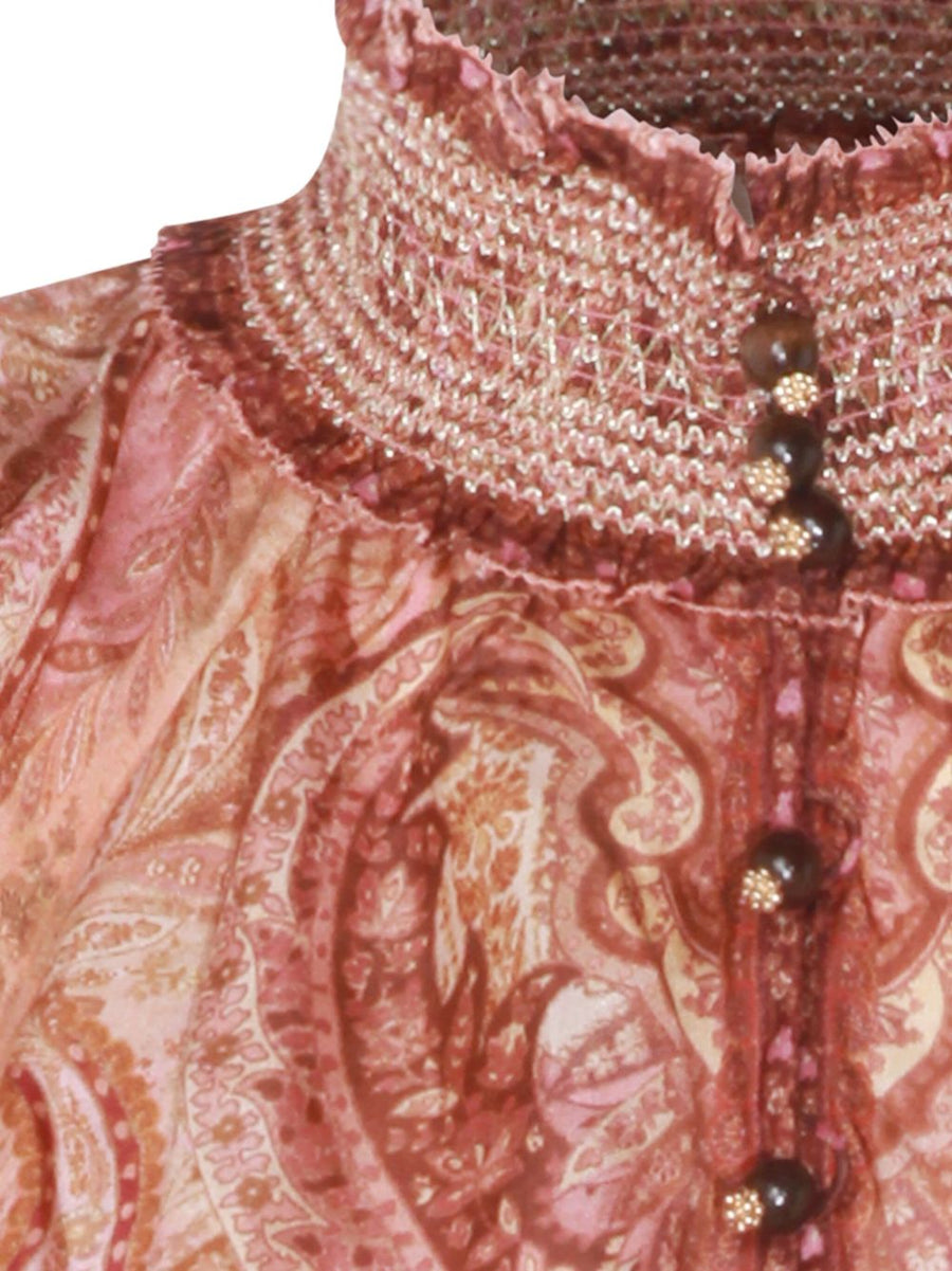 Zimmermann Wanderlust Silk Blouse For Women Elegant Burgundy Paisley Print With Smocked High Neck