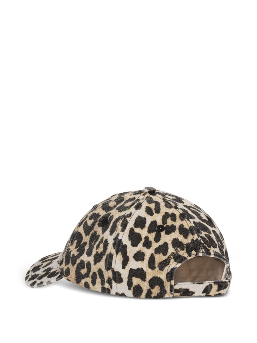 Ganni Leopard Canvas Cap For Women, 100 Percent Organic Cotton, Adjustable Strap, Beige With Leopard Print