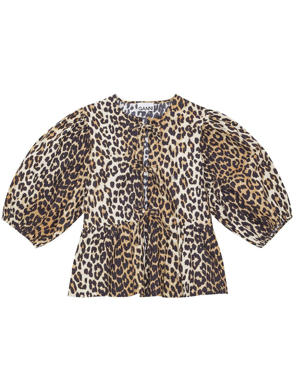 Ganni Organic Cotton Blouse for Women Leopard Print Allover Front Tie Flared Hem