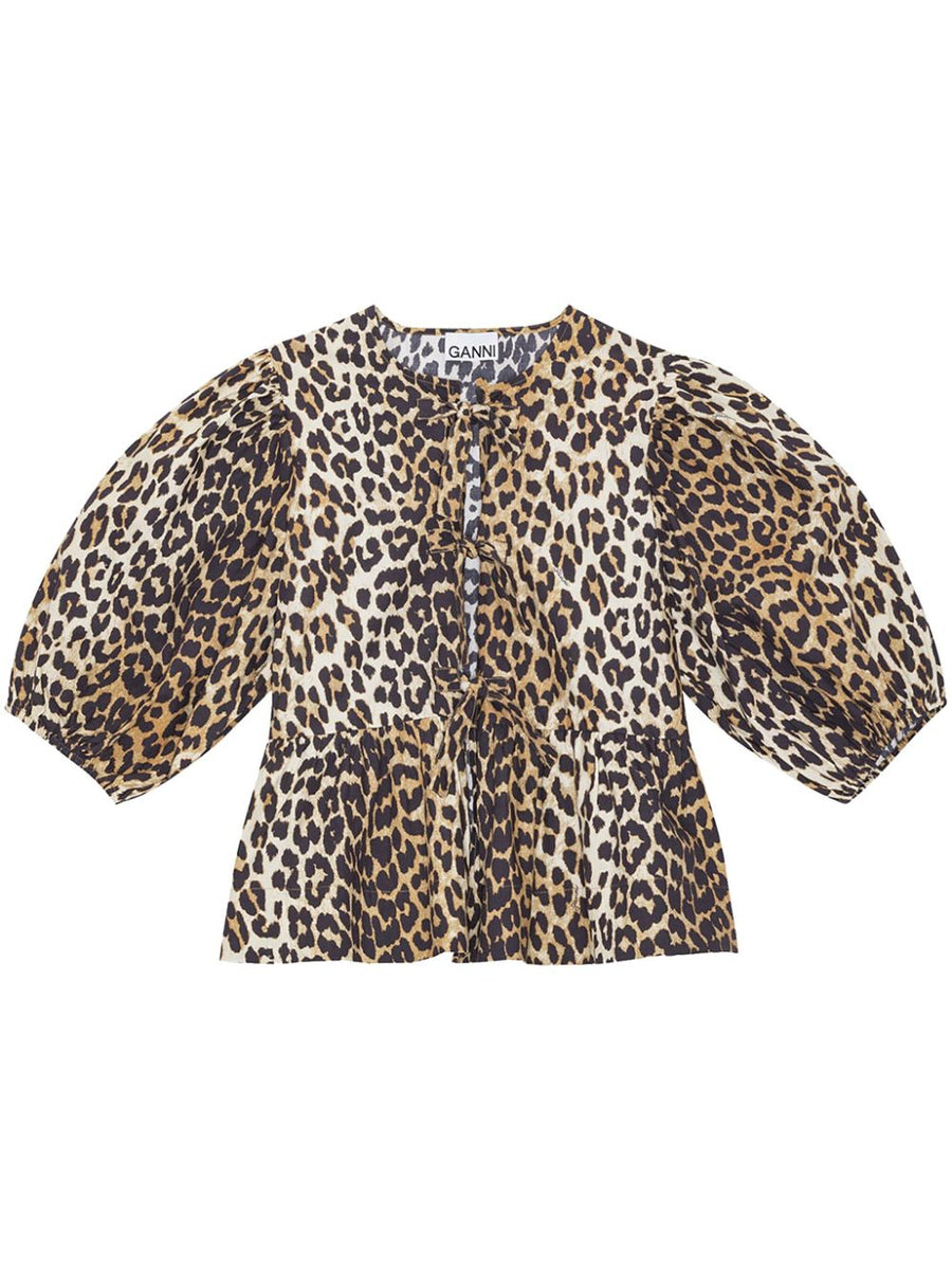 Ganni Organic Cotton Blouse for Women Leopard Print Allover Front Tie Flared Hem