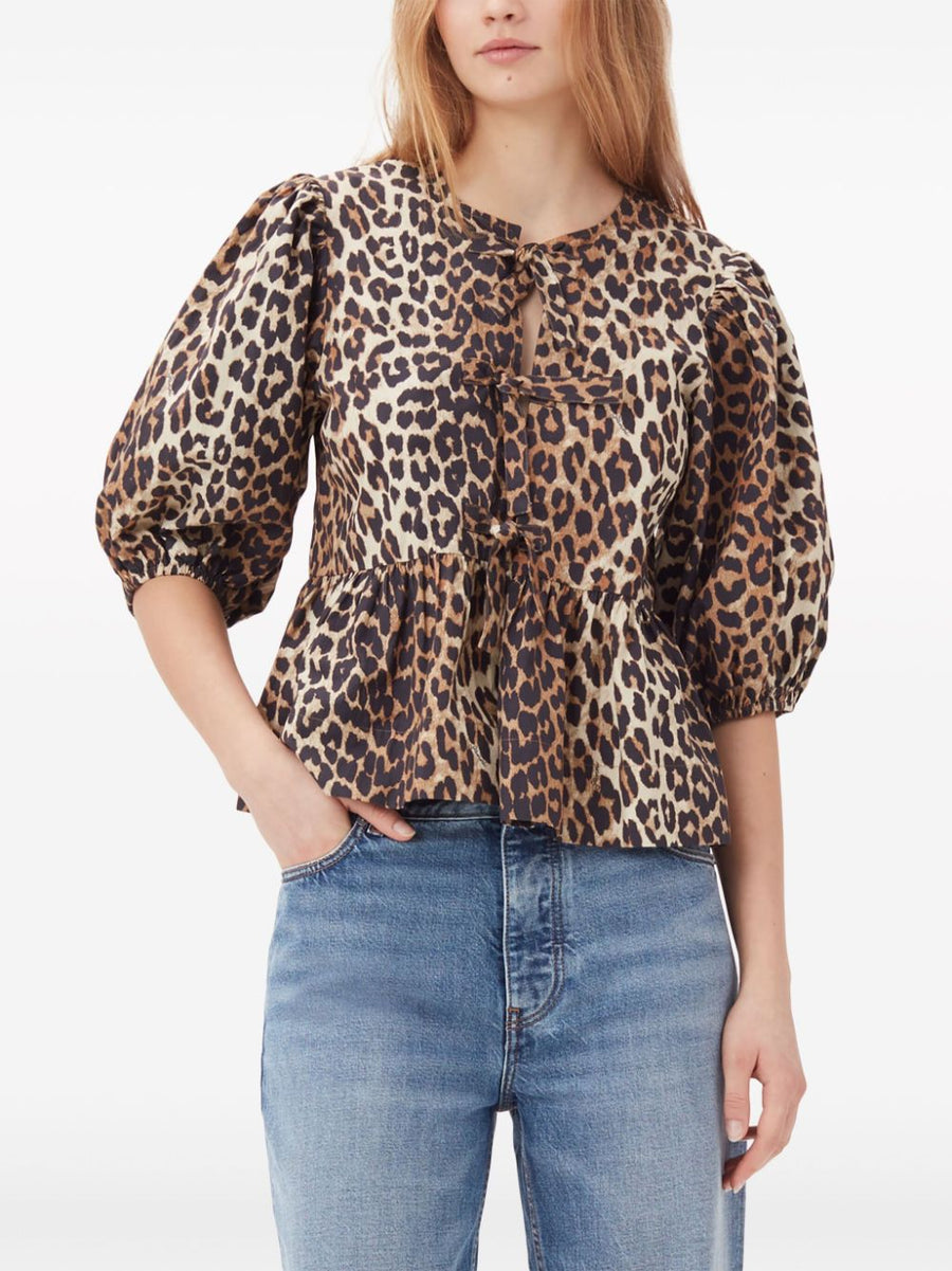 Ganni Organic Cotton Blouse for Women Leopard Print Allover Front Tie Flared Hem