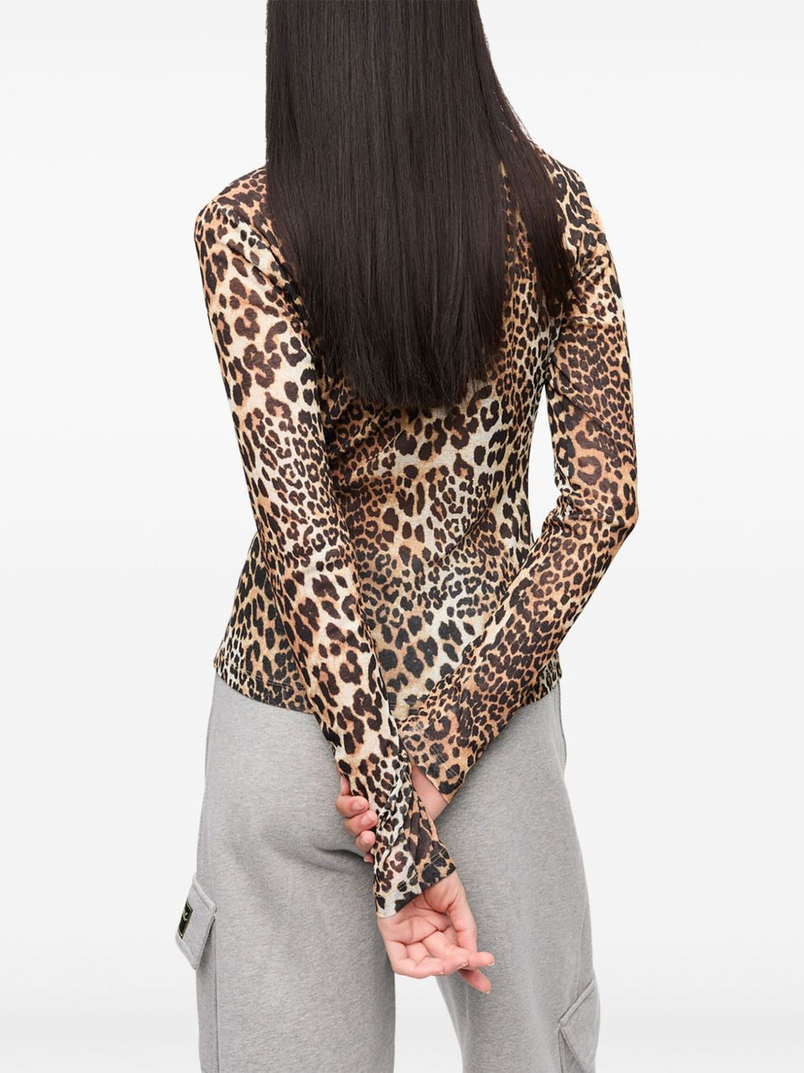 Ganni Leopard Print Top For Women Recycled Polyester Crew Neck Long Sleeve Versatile Luxurious Everyday Wear
