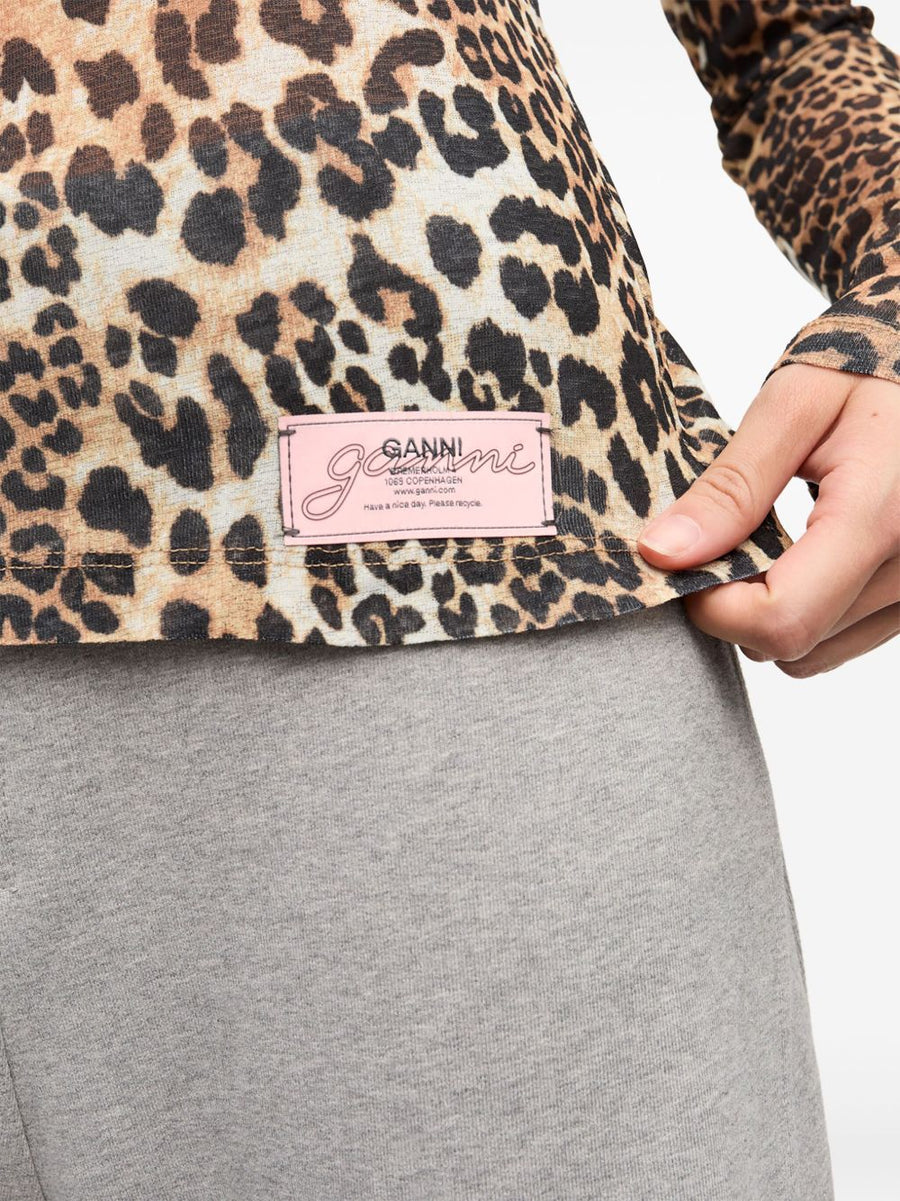 Ganni Leopard Print Top For Women Recycled Polyester Crew Neck Long Sleeve Versatile Luxurious Everyday Wear