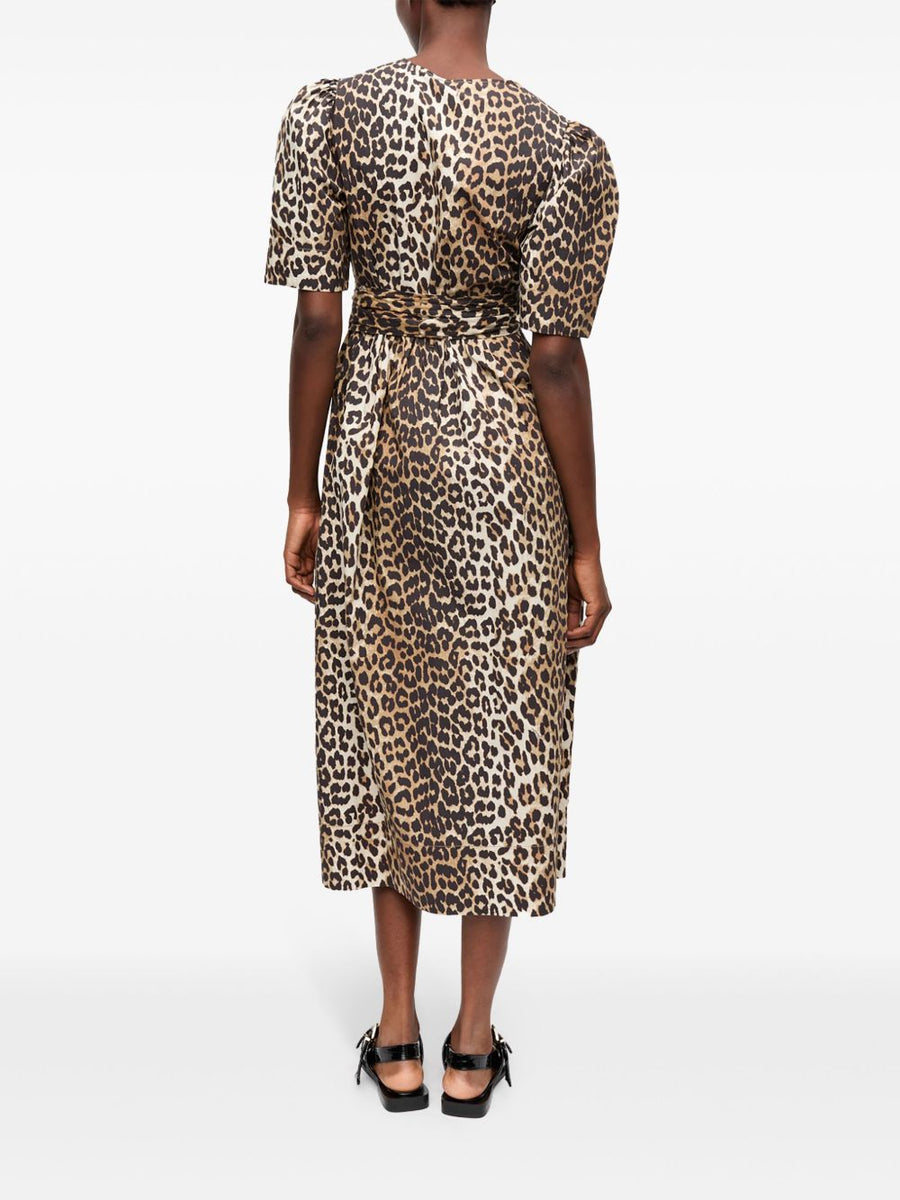 Ganni Sustainable Organic Cotton Leopard Print Midi Dress Plunging V Neck Pockets Bow Details for Women