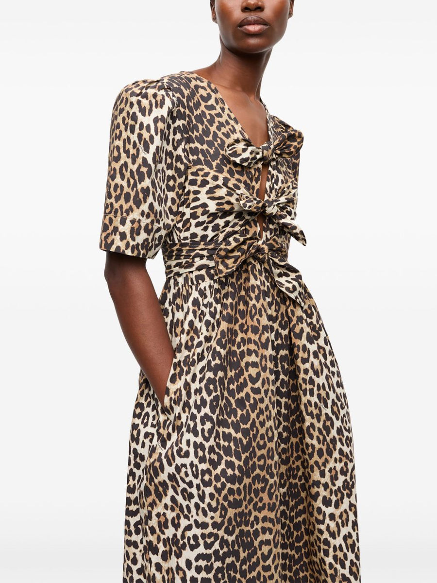 Ganni Sustainable Organic Cotton Leopard Print Midi Dress Plunging V Neck Pockets Bow Details for Women