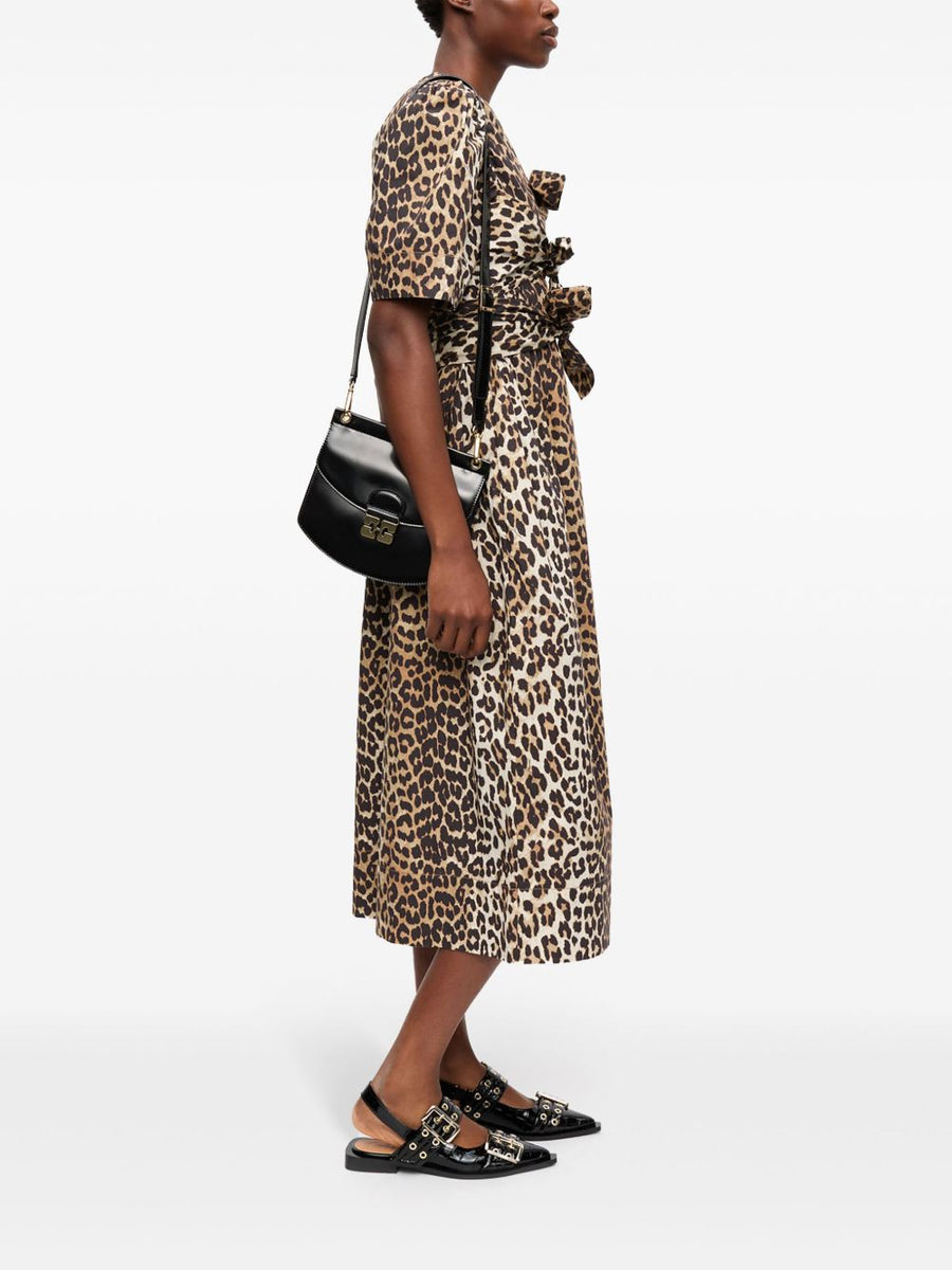 Ganni Sustainable Organic Cotton Leopard Print Midi Dress Plunging V Neck Pockets Bow Details for Women