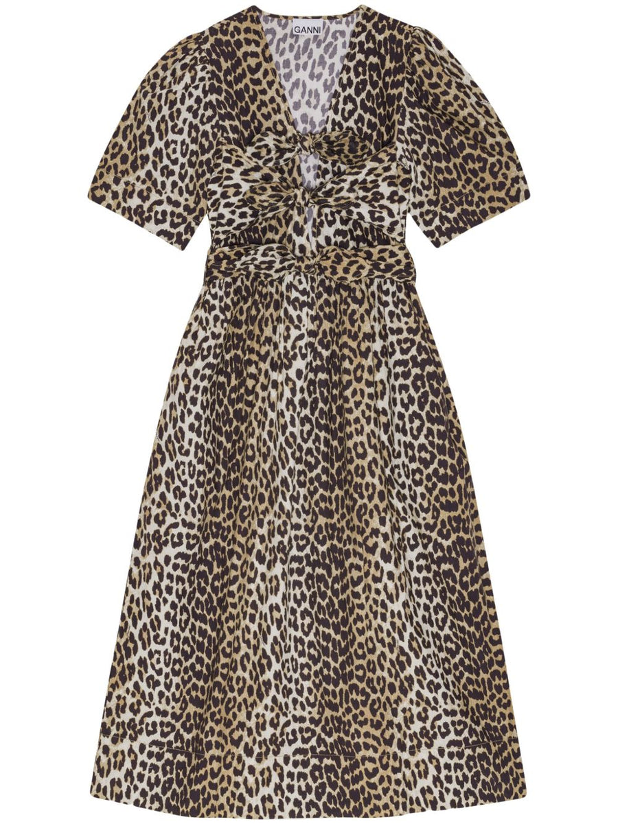 Ganni Sustainable Organic Cotton Leopard Print Midi Dress Plunging V Neck Pockets Bow Details for Women