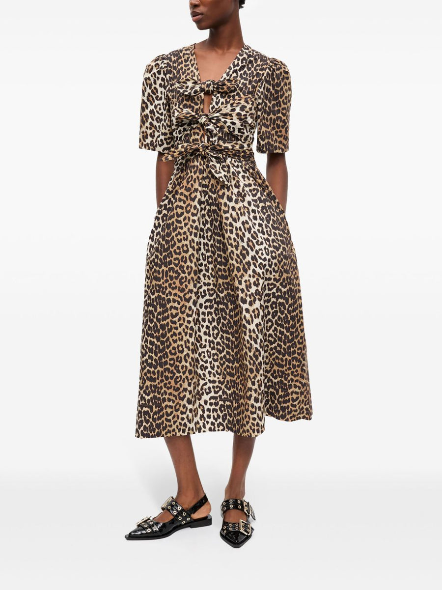 Ganni Sustainable Organic Cotton Leopard Print Midi Dress Plunging V Neck Pockets Bow Details for Women