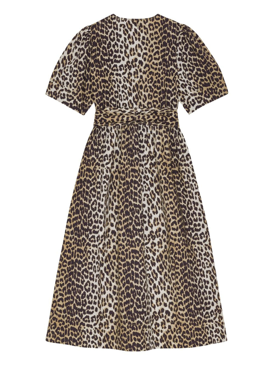 Ganni Sustainable Organic Cotton Leopard Print Midi Dress Plunging V Neck Pockets Bow Details for Women