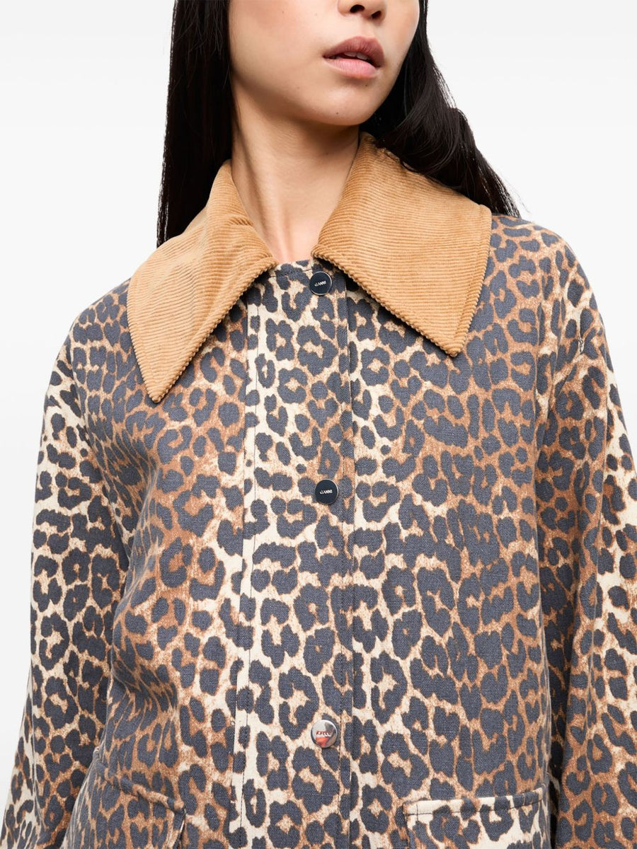 Ganni Leopard Print Hemp Blend Jacket For Women, Sustainable Texture, Button Front, Spring Summer 2026