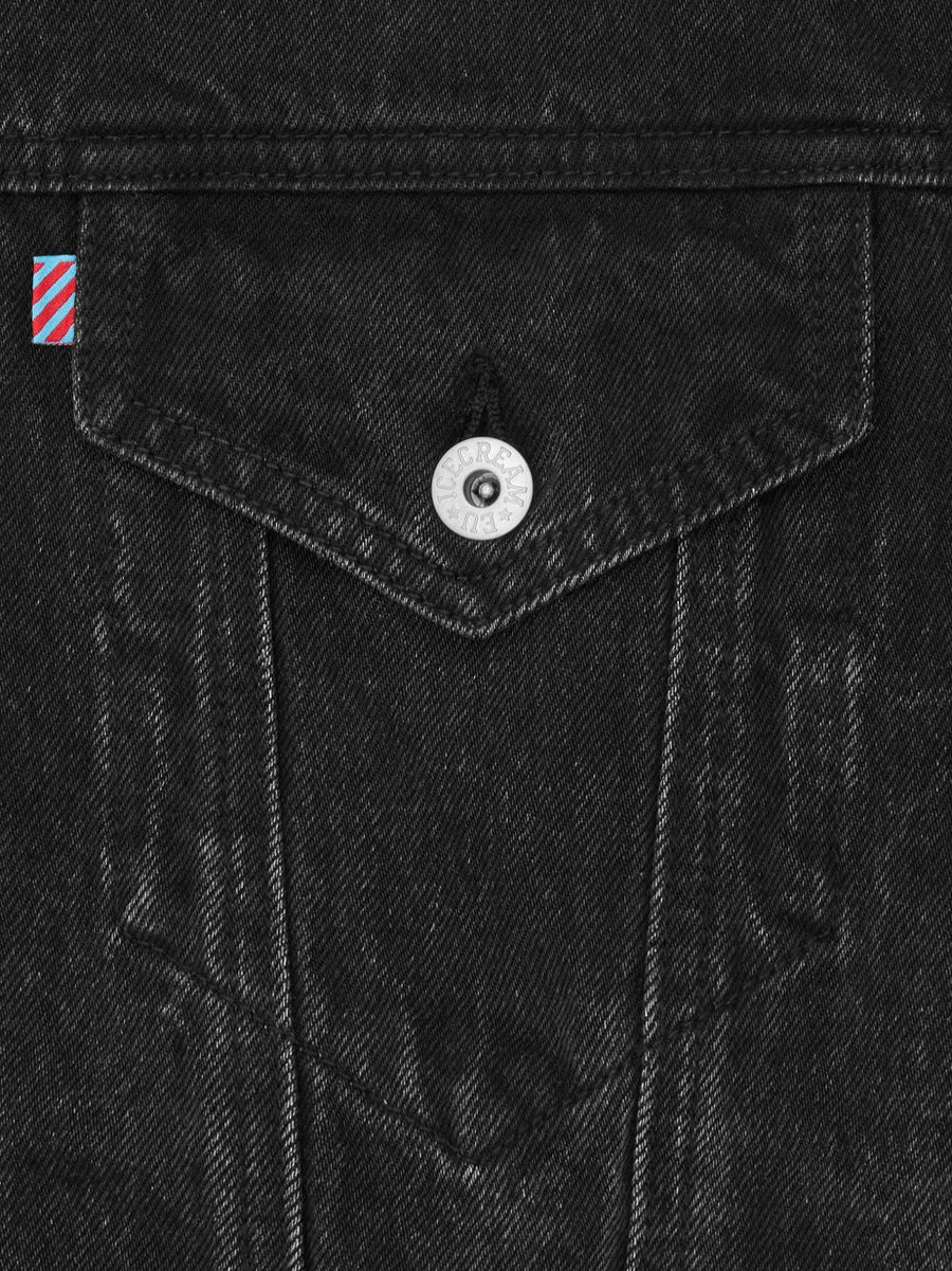 Icecream Denim Jacket For Men Bold Black Graphic Print 100 Percent Cotton Button Front Versatile Layering