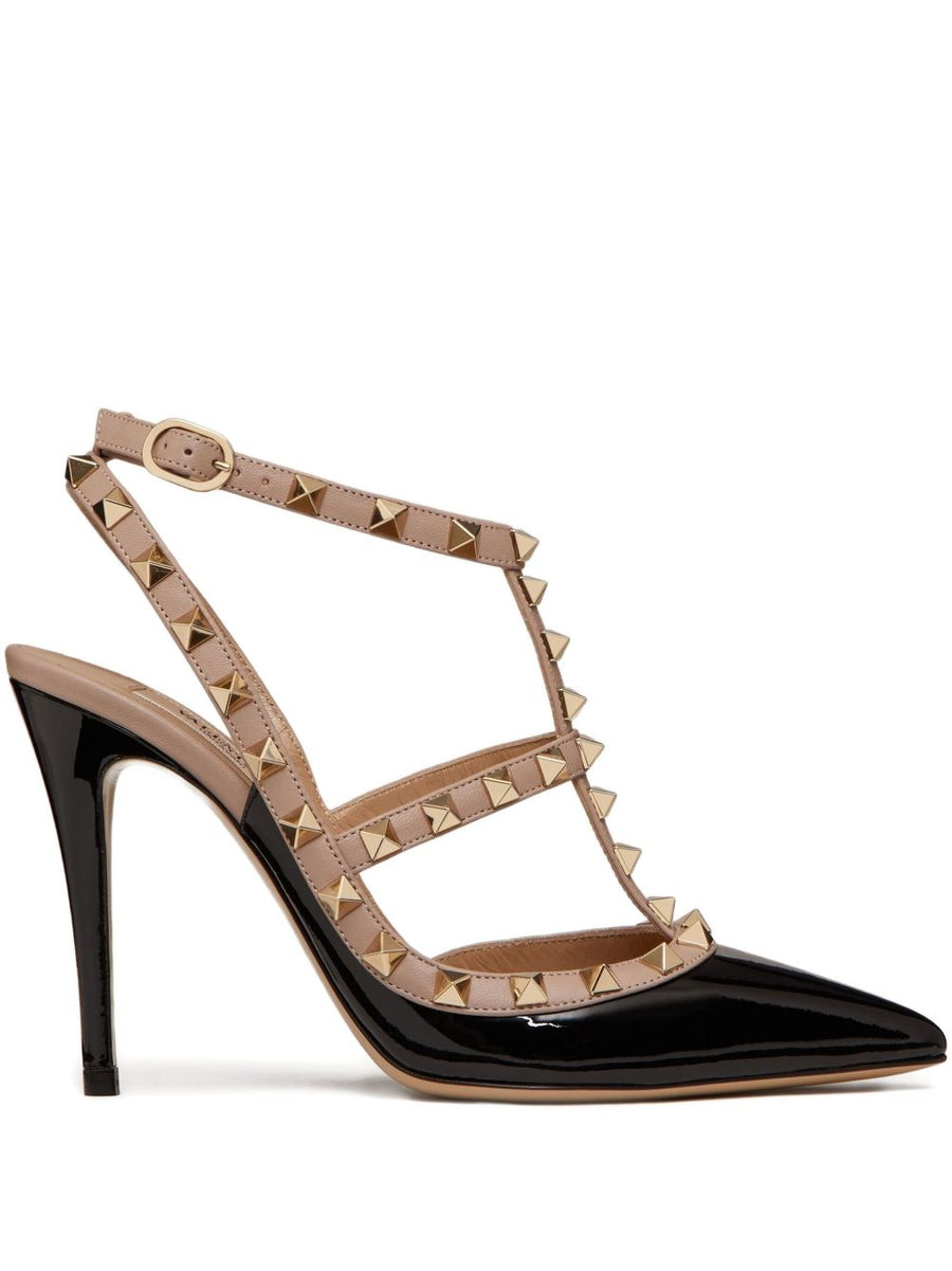 Valentino Garavani Rockstud Patent Pumps For Women With 100mm Straps Two Tone Calf Leather