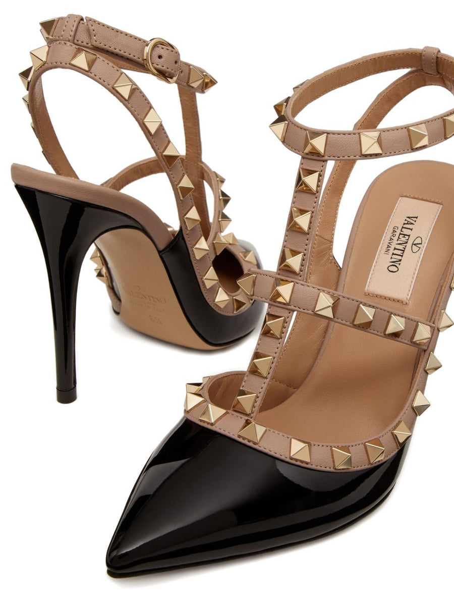 Valentino Garavani Rockstud Patent Pumps For Women With 100mm Straps Two Tone Calf Leather