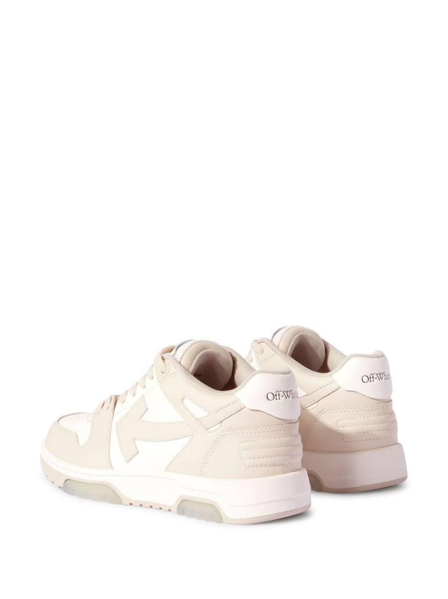 Off White Out Of Office Sneakers For Women Leather With Arrows Motif Beige Detailing Signature Branding 2cm Heel