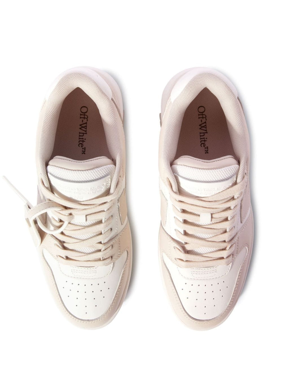 Off White Out Of Office Sneakers For Women Leather With Arrows Motif Beige Detailing Signature Branding 2cm Heel