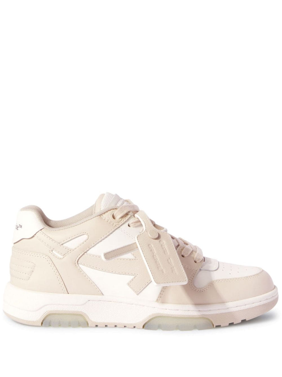 Off White Out Of Office Sneakers For Women Leather With Arrows Motif Beige Detailing Signature Branding 2cm Heel