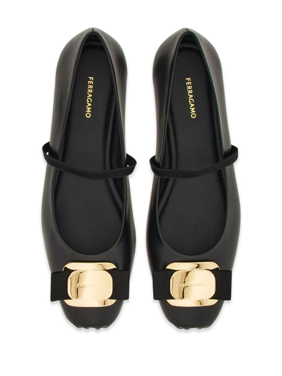 Ferragamo Vara Plate Ballet Flat Black Lambskin Bow Detail For Women Luxury Flat Shoes