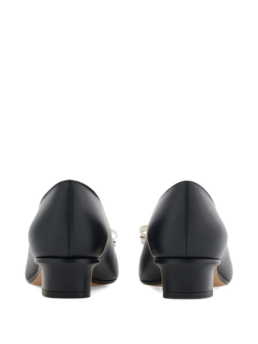 Ferragamo Vara Leather Pumps For Women With Bow Detail Almond Toe And Everyday Wear 3cm Block Heel