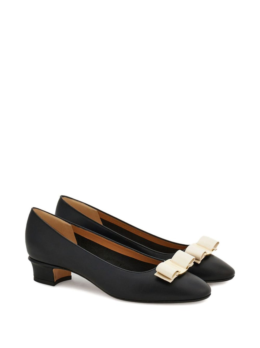 Ferragamo Vara Leather Pumps For Women With Bow Detail Almond Toe And Everyday Wear 3cm Block Heel