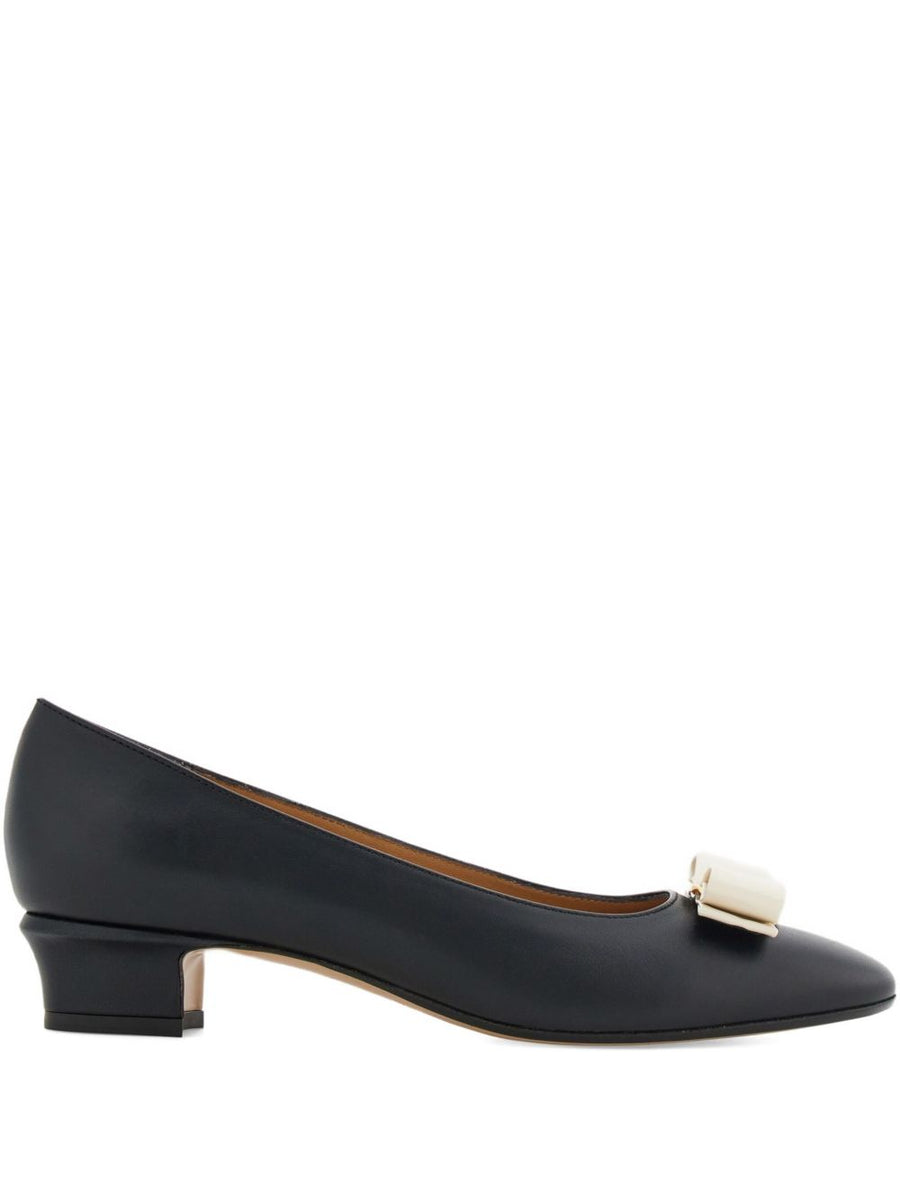 Ferragamo Vara Leather Pumps For Women With Bow Detail Almond Toe And Everyday Wear 3cm Block Heel