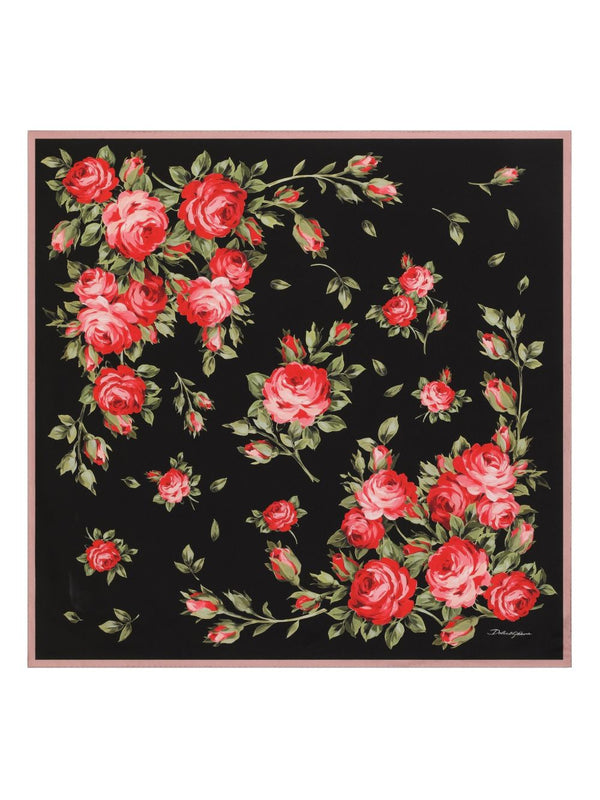 Dolce Gabbana Roses Bouquet Silk Foulard Black Pink