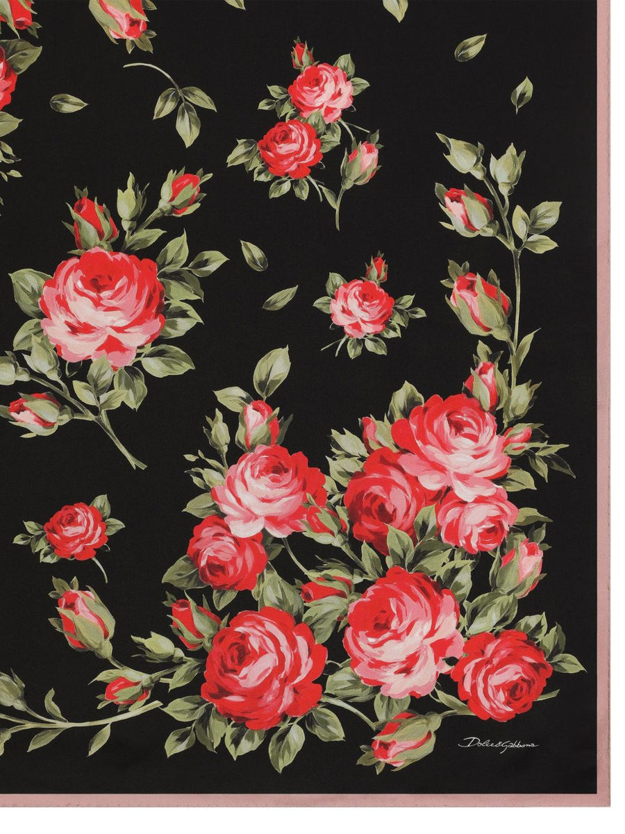 Dolce Gabbana Roses Bouquet Silk Foulard Black Pink