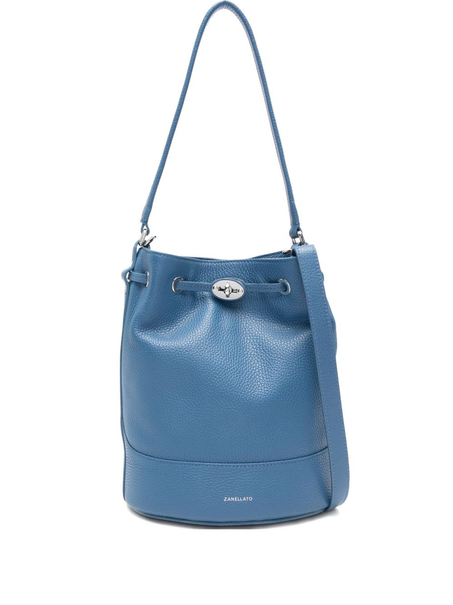 Zanellato Monda Small Hammered Leather Bucket Bag For Women Light Blue Top Handle And Adjustable Strap