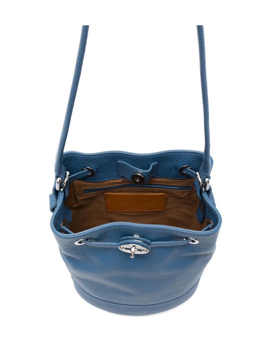 Zanellato Monda Small Hammered Leather Bucket Bag For Women Light Blue Top Handle And Adjustable Strap