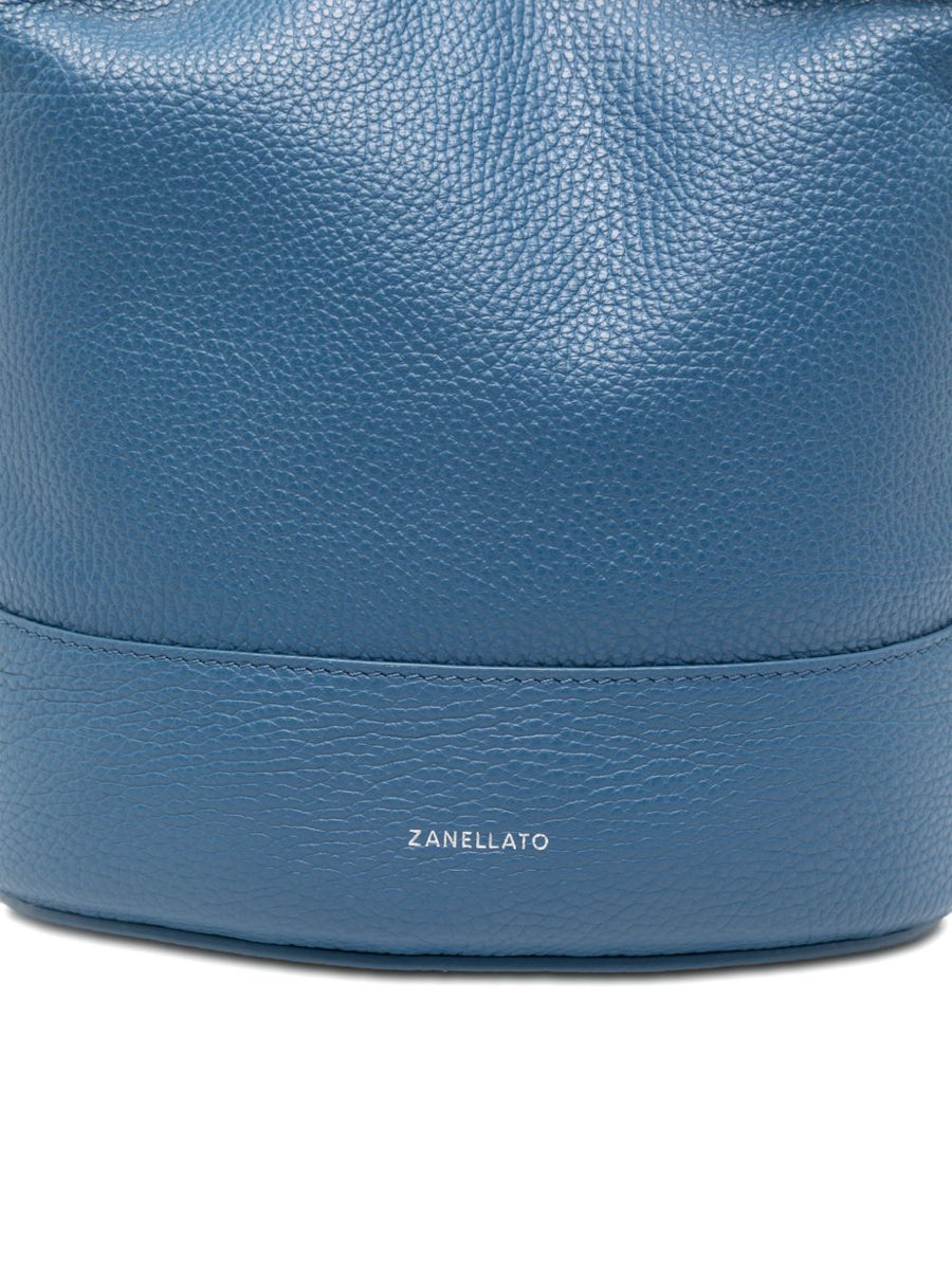 Zanellato Monda Small Hammered Leather Bucket Bag For Women Light Blue Top Handle And Adjustable Strap