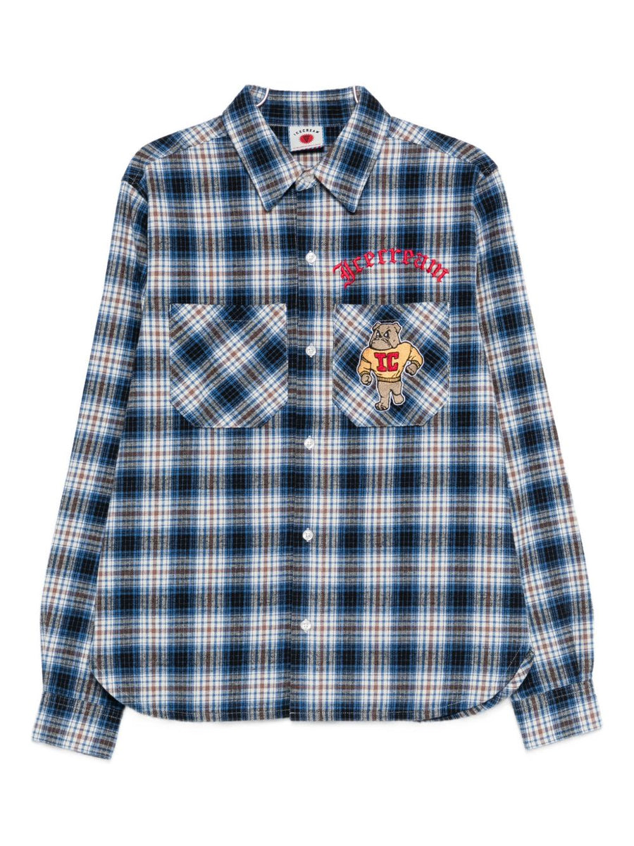 Icecream Navy Checked Cotton Shirt for Men with Chest Pocket Embroidery Versatile Spring Summer Wardrobe Essential