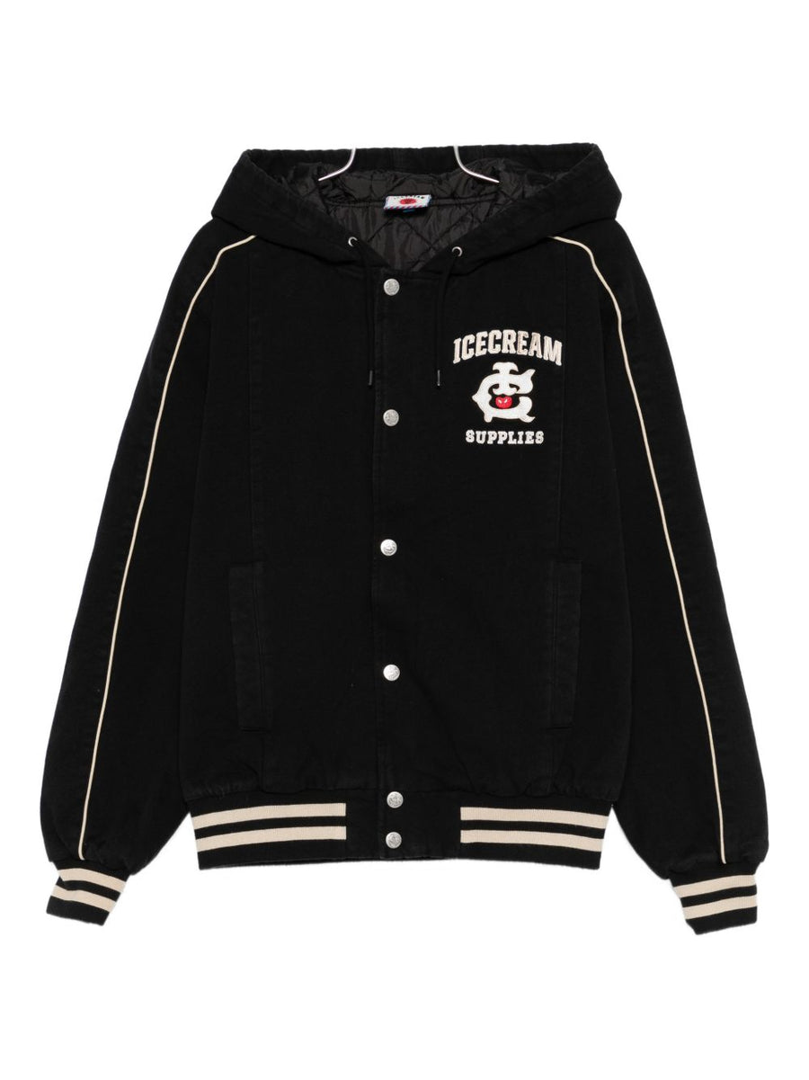 Icecream Cotton Hooded Bomber Jacket For Men Versatile Outerwear With Logo Embroidery And Stripe Trim