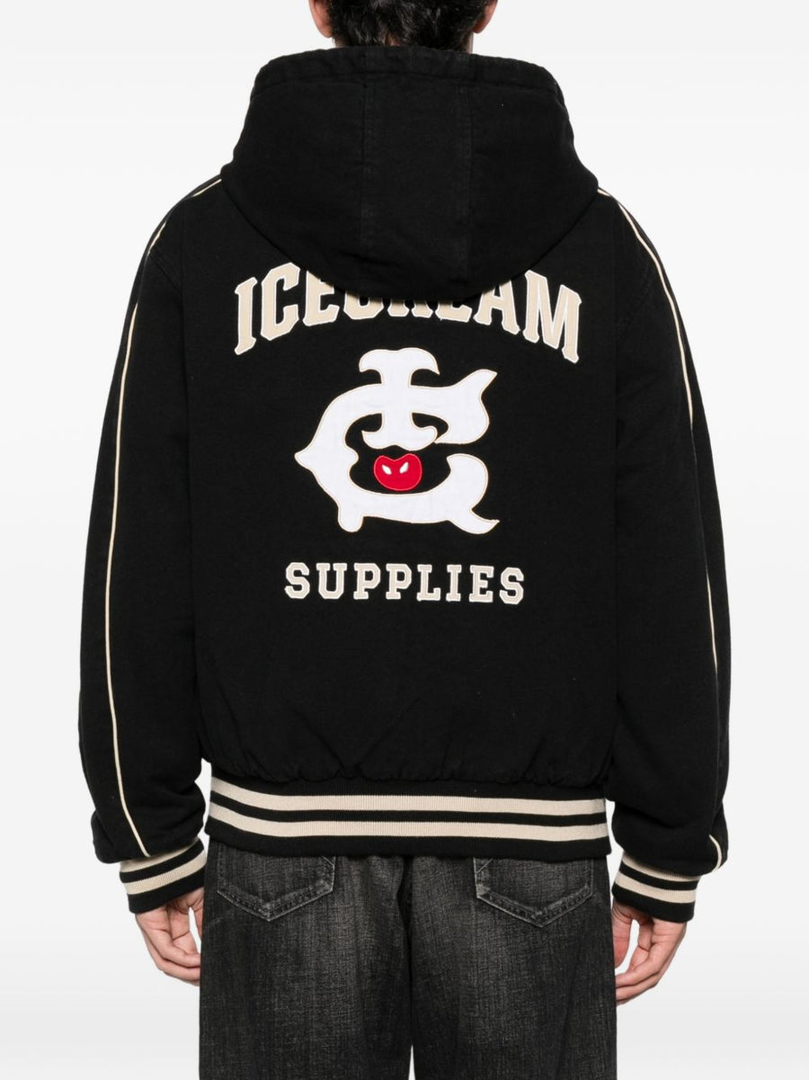 Icecream Cotton Hooded Bomber Jacket For Men Versatile Outerwear With Logo Embroidery And Stripe Trim