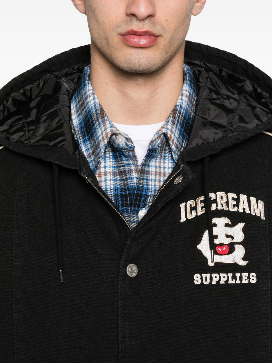 Icecream Cotton Hooded Bomber Jacket For Men Versatile Outerwear With Logo Embroidery And Stripe Trim