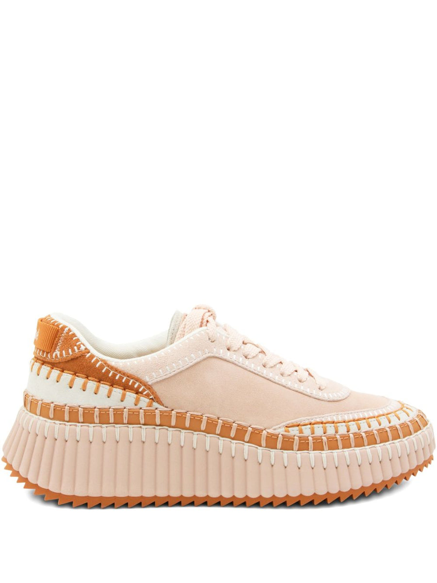 Chloé Nama Sneakers Luxury Maple Pink Linen Blend Lace Up Platform with Ridged Sole for Women