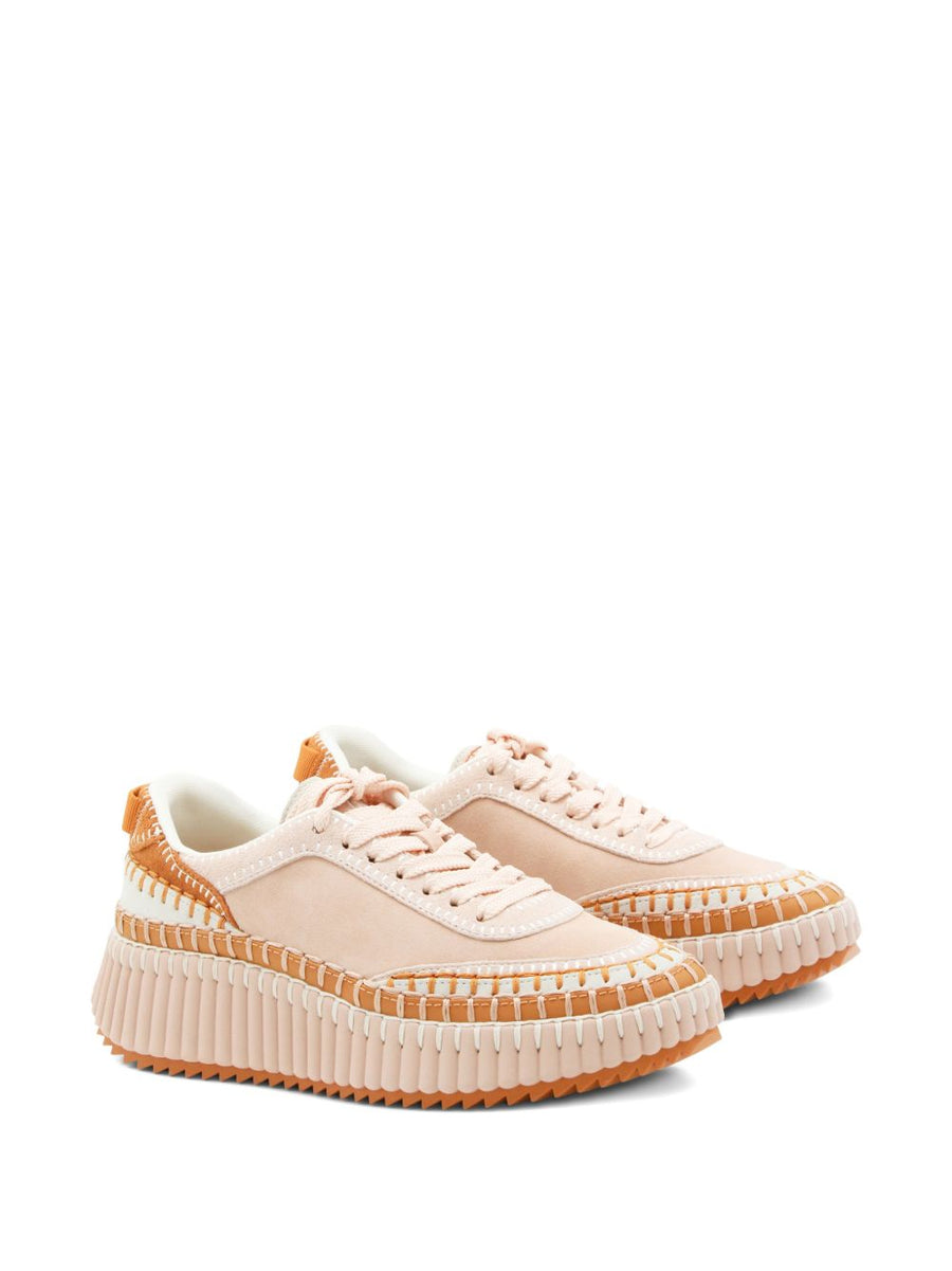 Chloé Nama Sneakers Luxury Maple Pink Linen Blend Lace Up Platform with Ridged Sole for Women