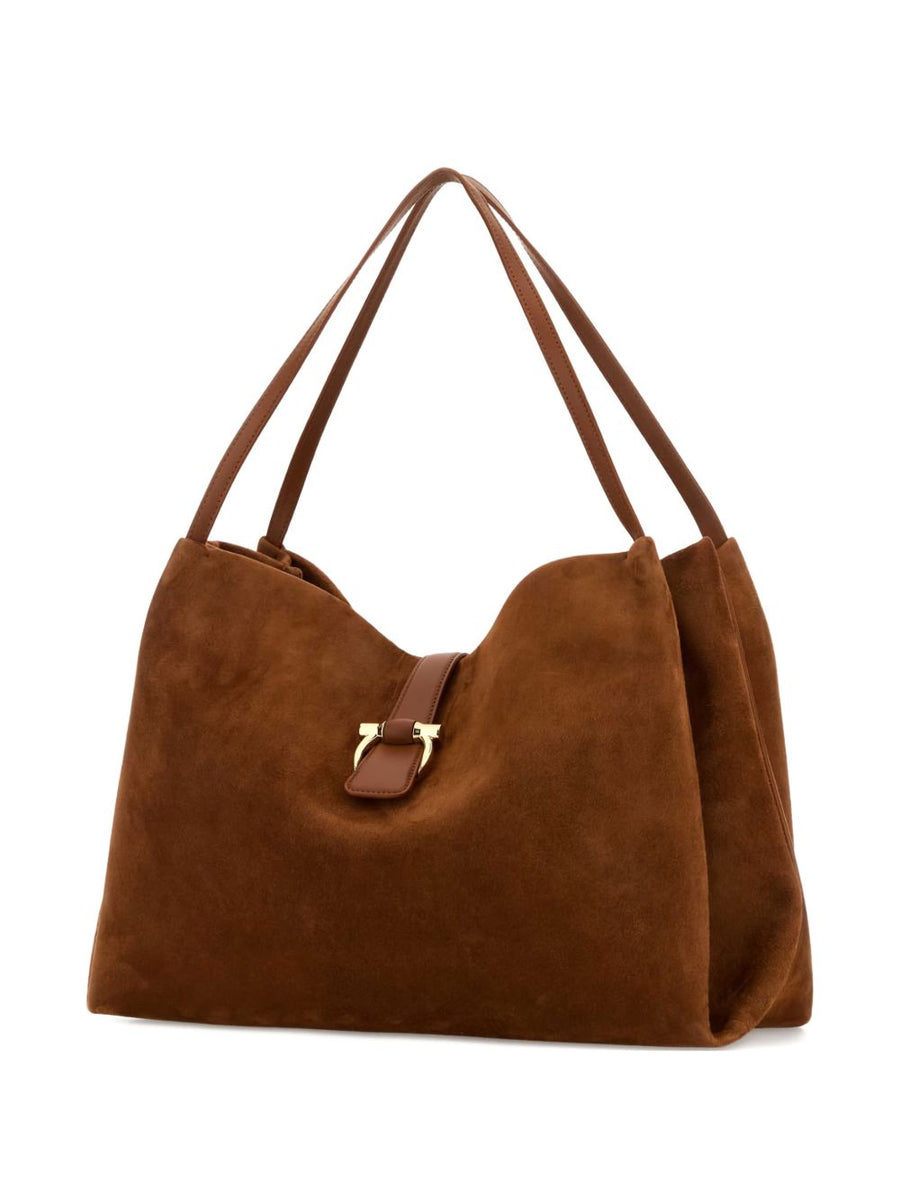 Ferragamo Beige Calf Suede Tote Bag For Women With Caramel Top Handles Everyday Luxury Shoulder Bag